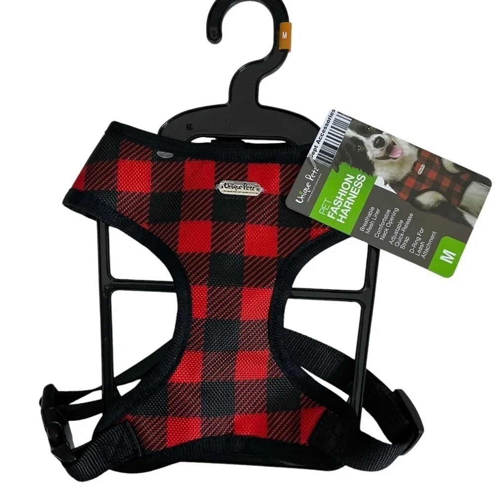 Unique Petz Dog Harness Medium Red Black Tartan Plaid Comfy Adjustable Size M